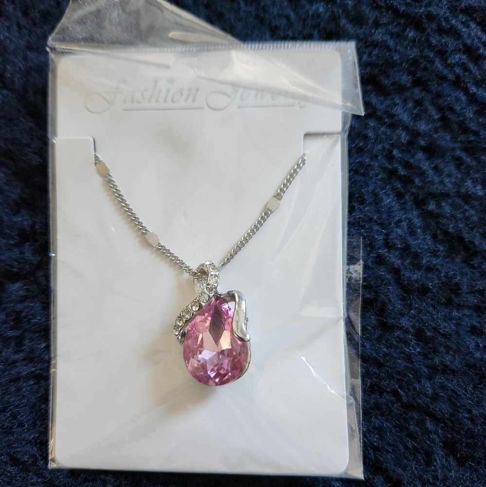 Pink Teardrop, silver necklace